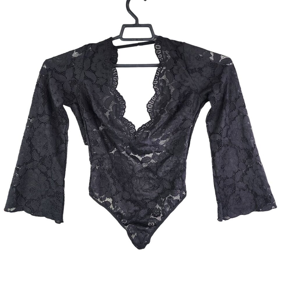 Women's Black Vintage Shirley Of Hollywood Lace Bodysuit Belle Sleeves Size L